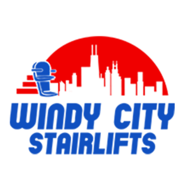 Logo for Windy City Stairlifts featuring a blue stairlift, a red Chicago skyline silhouette, and bold blue text reading Windy City Stairlifts beneath the imagery.