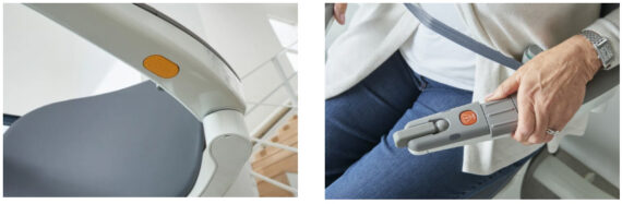 Left: Close-up of a gray stairlift chair and armrest. Right: Person seated and fastening a seatbelt on a stairlift.