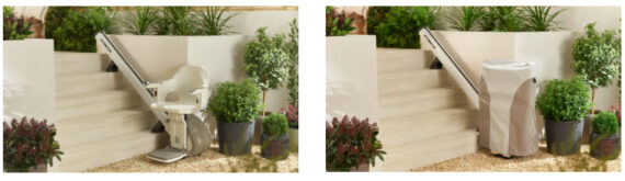 Two side-by-side images show a stairlift on outdoor steps: the left image displays the stairlift chair uncovered, while the right image shows the stairlift chair covered with a protective cover. Plants sit beside the stairs.