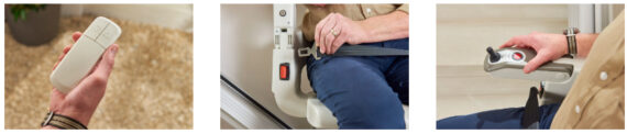 Three images showing: a person holding a stairlift remote control, fastening a seatbelt on a stairlift, and operating stairlift controls mounted on the chairs armrest.